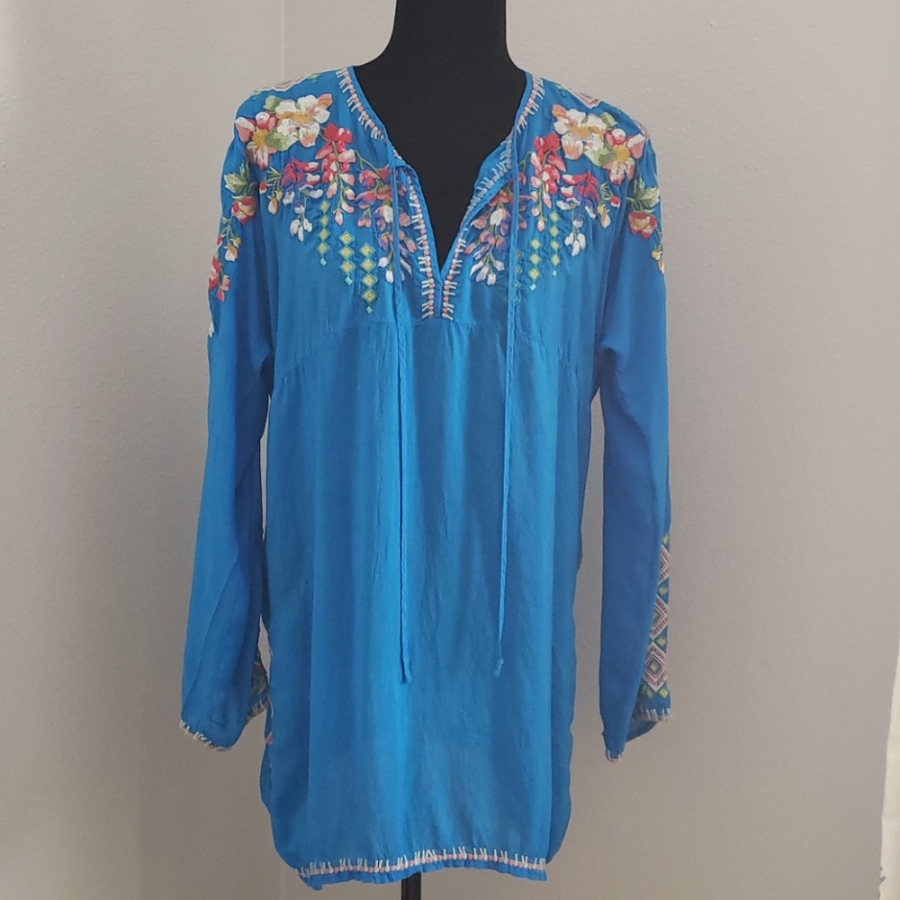 Johnny Was Blue Embroidered Tunic Top PM